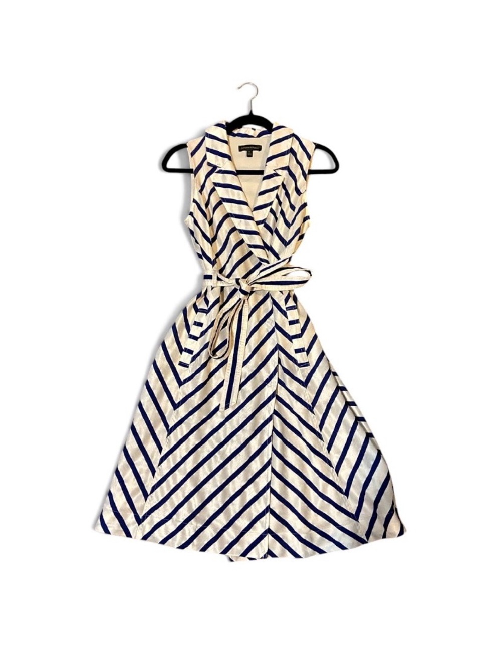 Banana Republic White and Navy Striped Sleeveless Midi Wrap Dress